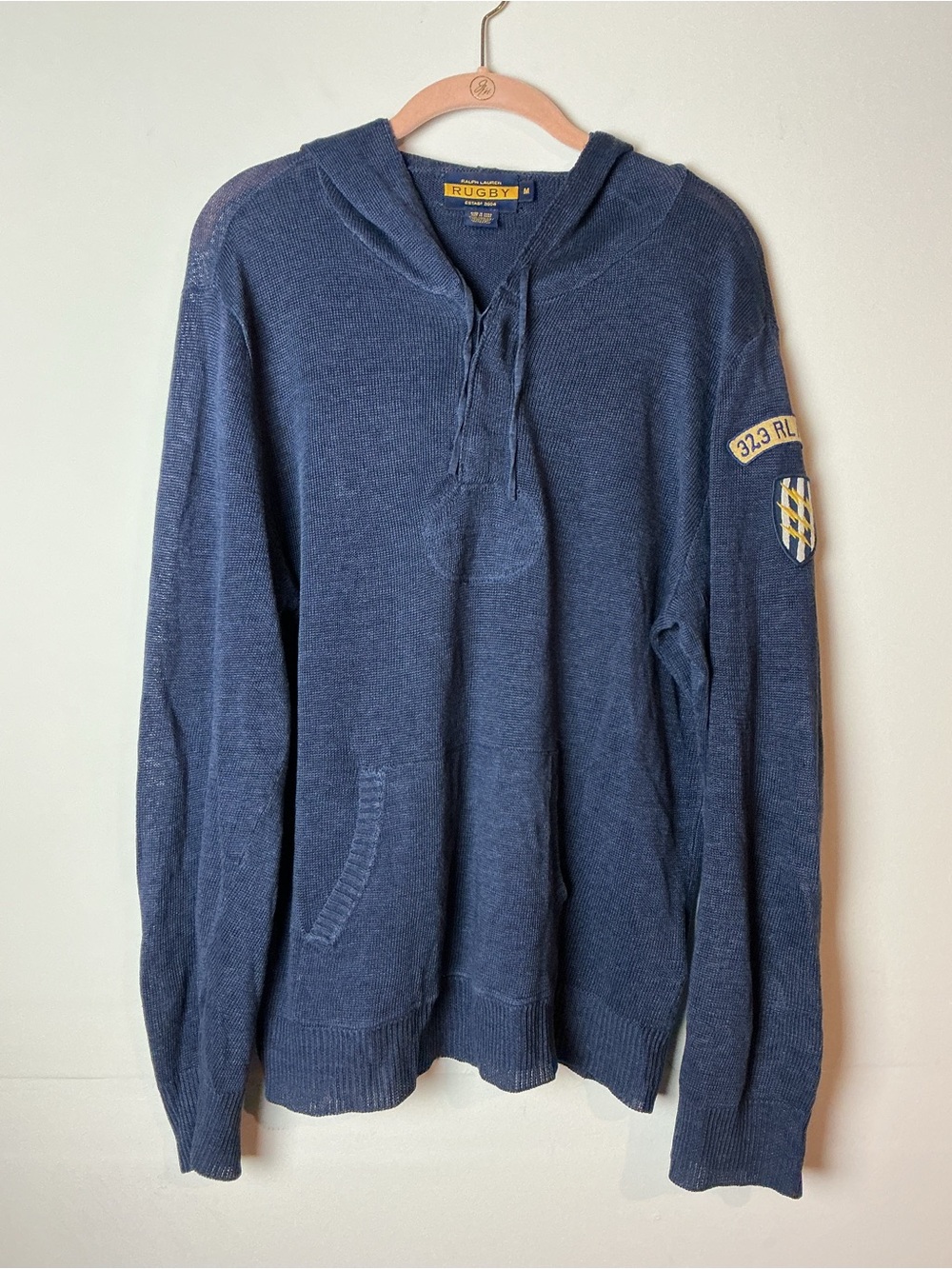 Vintage Ralph Lauren Rugby Linen Knit Hoodie Sweater Size M Blue Varsity Patch